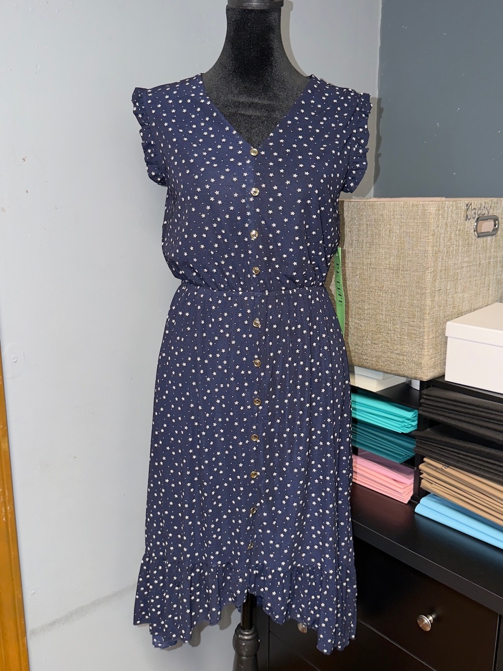 Navy Star-Print Button-Front Midi Dress with Ruffle Hem